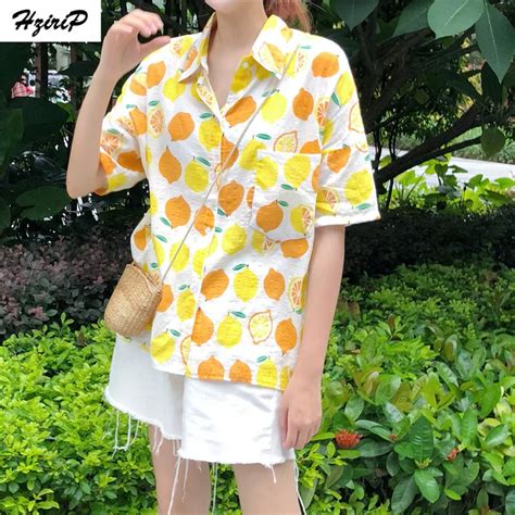 Hzirip New 2018 Women Blouses Summer Tops And Shirts Retro Fresh Lemon Print Lapel Shirt Female