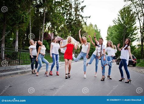 Girls Having Fun While Posing Outside In The Park On The Bachelorette Party Stock Image Image