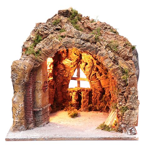 Nativity Scene Cave In Naples Illuminated And With A Fire Online