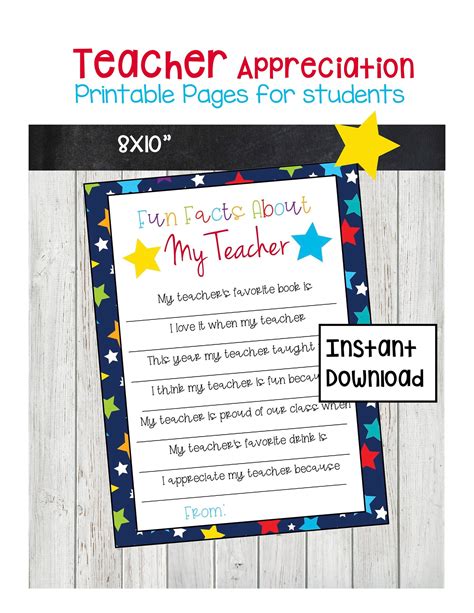 Fun Facts About My Teacher Printable Page For Students Teacher Etsy