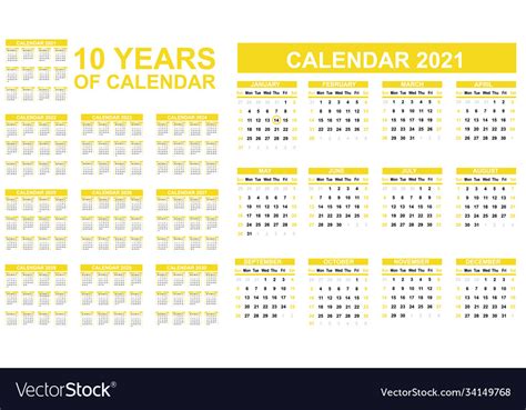 2021 2030 Ten Years Calendar Simple Red Second Vector Image