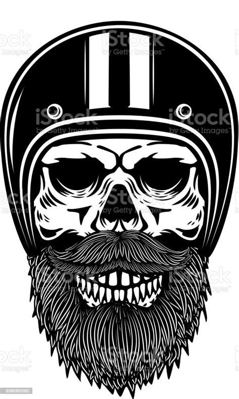 Illustration Of Bearded Skull In Racer Helmet Design Element For Label