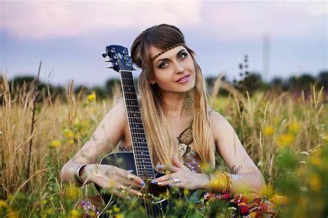 Beautiful Hippie Girl With A Guitar Stock Image Image Of Cover Road 57590231