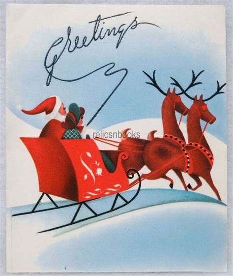 880 50s mid century santa sleigh reindeer vintage christmas card greeting vintage