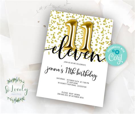 Gold Glitter 11th Birthday Invitation Edit Yourself Birthday Etsy