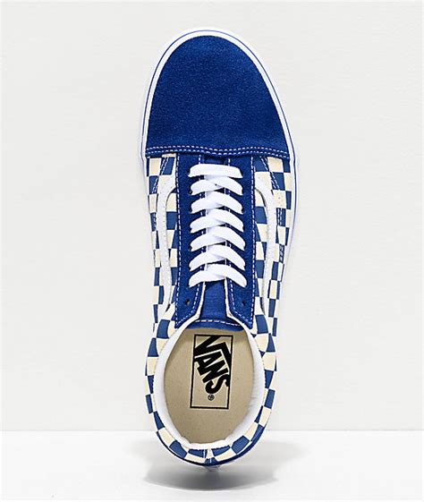 3 white soles and laces. Vans Old Skool Blue & White Checkered Skate Shoes | Zumiez