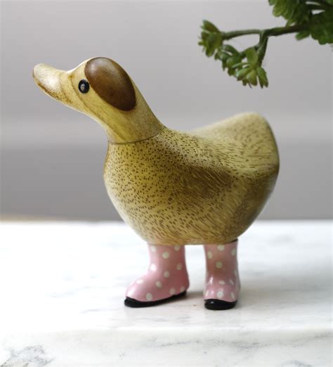 Wooden Duck With Pink Welly Boots Small Duck In Polka Dot Rain Boots