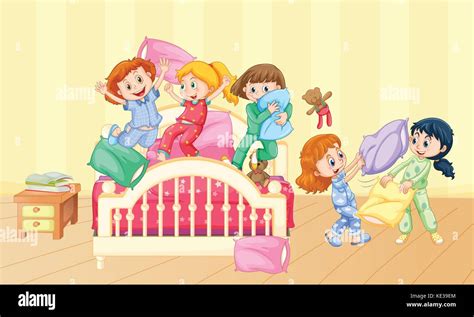 girls playing pillow fight at slumber party illustration stock vector image and art alamy