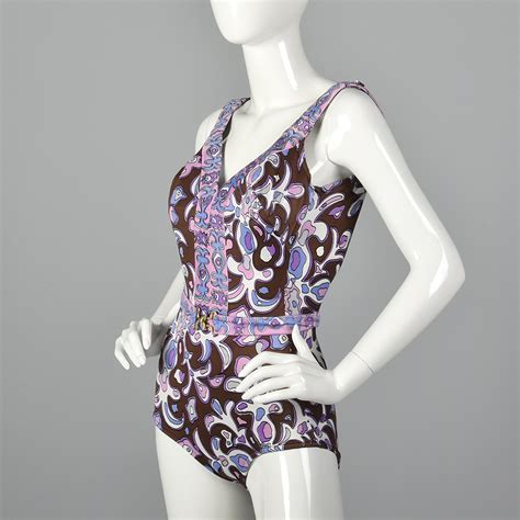 Xs 1960s Purple Psychedelic Print Swimsuit Belted One Piece Sportswear
