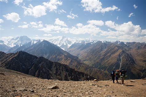 Trekkers Descending From Ala Kol Panorama Pass To Karakol Valley Asia