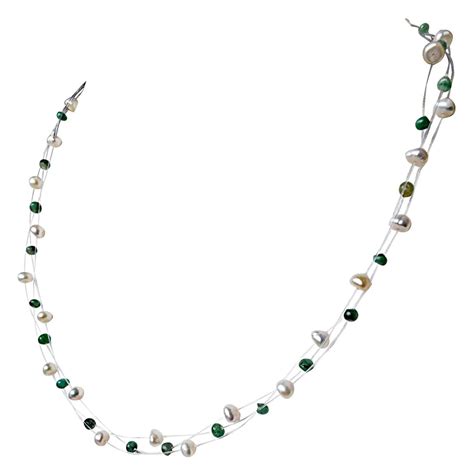 3 Line Trendy Wire Style Real Green Emerald Beads And Freshwater Pearl