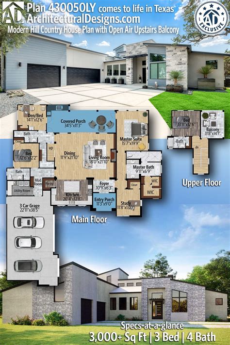 Plan 430050ly Modern Hill Country House Plan With Open Air Upstairs