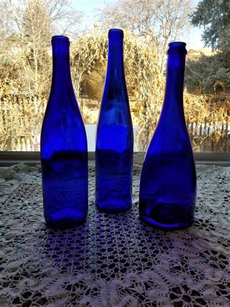 Lot Of 3 Cobalt Blue Glass Bottles Vintage Tall Blue Bottles Etsy