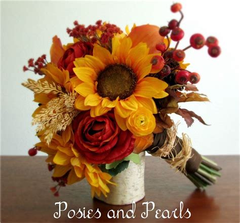 Autumn Fall Silk Flower Bridal Bouquet Sunflowers Ranunculus Silk