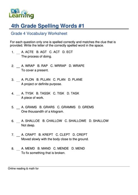 4th Grade Spelling Words 1 Grade 4 Vocabulary Worksheet Printable Pdf