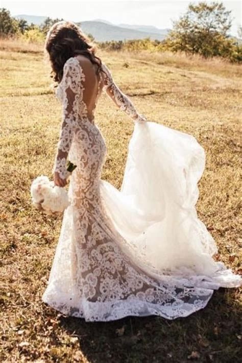 Romantic Long Lace Backless Long Sleeve Mermaid Ivory Wedding Dresses