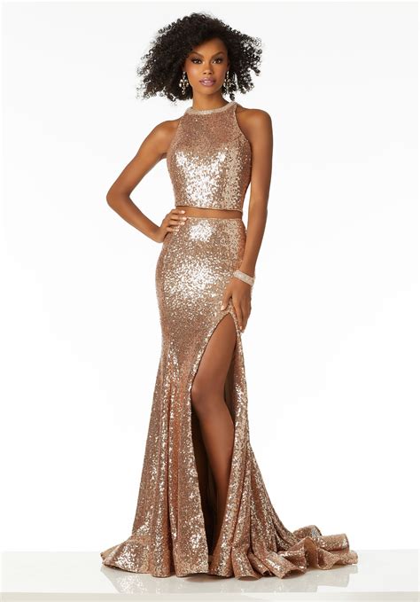 Glamorous Two Piece Prom Gown Featuring All Over Sequin With A High Side Slit And Keyhole Back