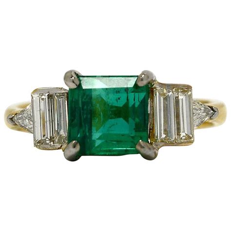 Emerald Diamond Art Deco Vintage Engagement Ring 2 Tone 18k White