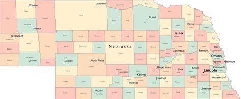 Multi Color Nebraska Map With Counties Capitals And Major Cities