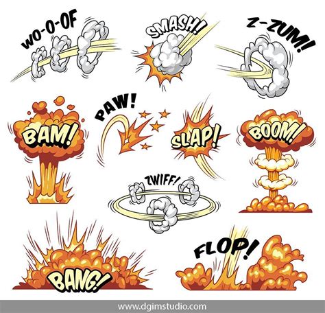Colorful comics explosions set with burst, boom, explosive effects and different wordings ...