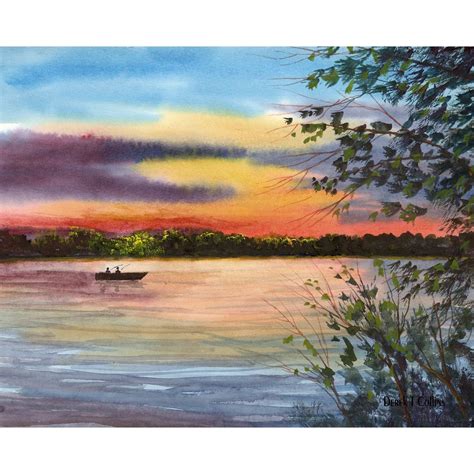 Watercolor Painting Lake Sunset Print River Boat Evening Etsy