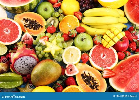Tropical Fruits Background Many Colorful Ripe Fresh Tropical Fruits