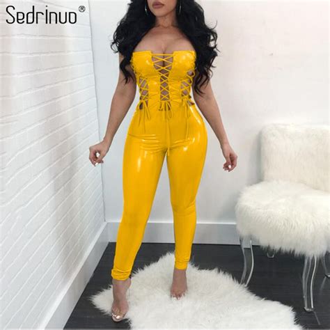 Sedrinuo Fashion Off Shoulder Rompers Pu Leather Lace Up V Neck