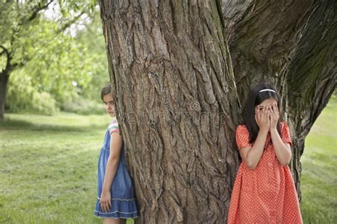 Girls Playing Hide And Seek By Tree Stock Photo Image Of Person