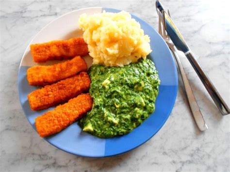 Kartoffelpüree mit Spinat Fischstäbchen Rezept