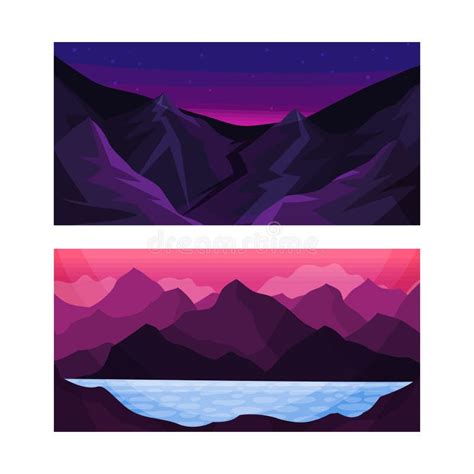 Set Of Purple Mountain Landscape At Sunrise And Sunset Vector