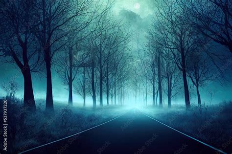 Raster Illustration Of Spooky Empty Road In Dark Scary Forest Under