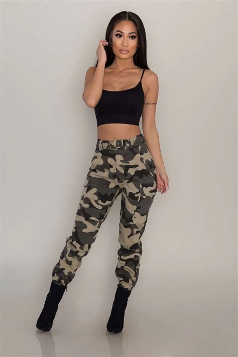 Slim Camouflage Cargo Pants High Waist Womens Trousers With Pockets
