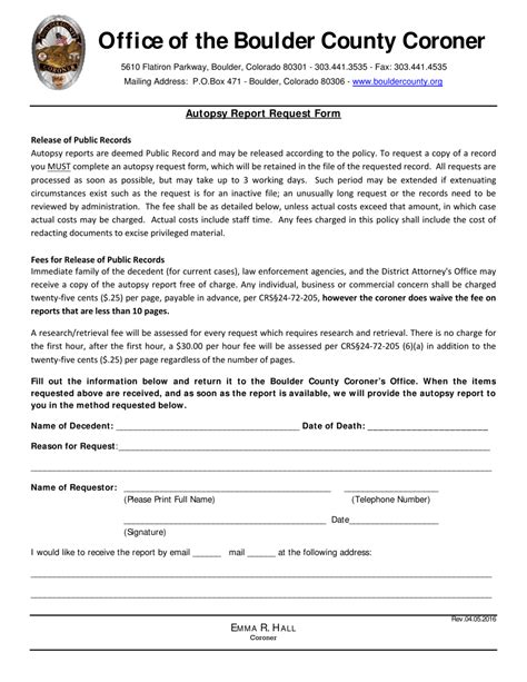 Boulder County Colorado Autopsy Report Request Form Download Printable