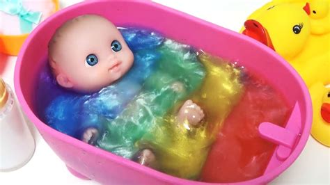 Learn Colors Slime Baby Doll Bath Time Play And Surprise Eggs Youtube