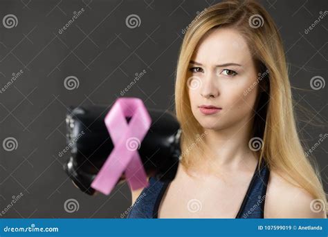 Woman Wearing Boxing Gloves Having Pink Ribbon Stock Image Image Of