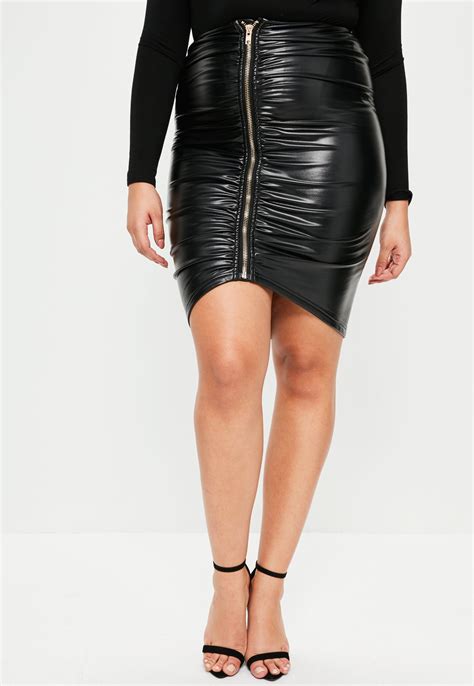 Lyst Missguided Plus Size Black Faux Leather Ruched Zip Front Skirt