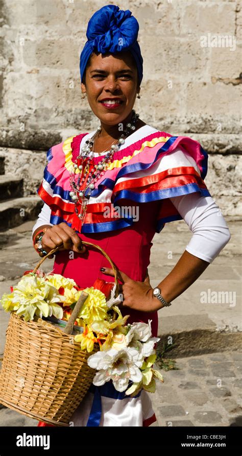 Portrait Of Cuban Woman In Traditional Dress Havana Vieja Cuba Stock