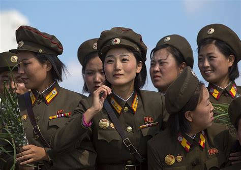 Smiling North Korean Female Soldiers In Tower Of The Juche Idea Pyongyang North Korea Female