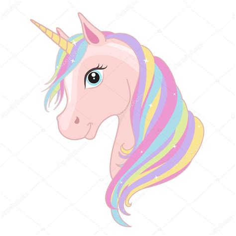Pink Unicorn Head With Rainbow Mane And Horn Isolated On White