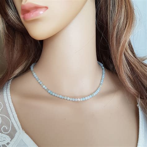 Tiny Aquamarine Choker Necklace Sterling Silver Goldfill Mm Natural