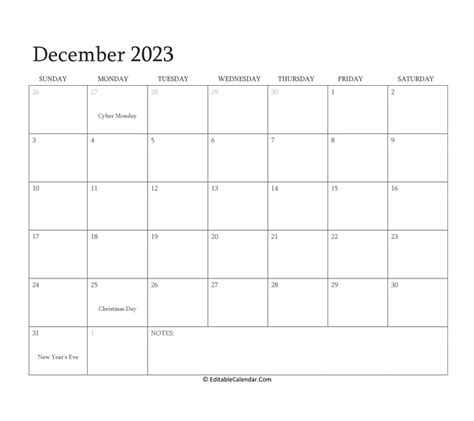 Editable Calendar December 2023