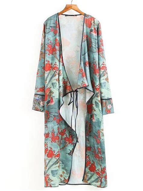 Flower Print Tie Front Longline Kimono Kimono Fashion Long Kimono
