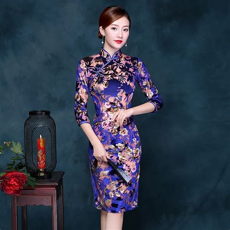 Fashion Autumn Winter Qipao Chinese Dress Velvet Cheongsam Plus Size Robe Orientale