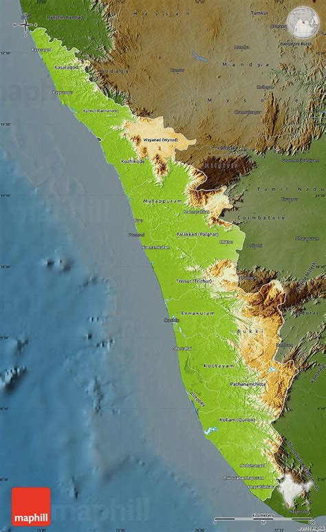 Kerala from mapcarta, the open map. Physical Map of Kerala, darken | Physical map, Kerala, Tourist map