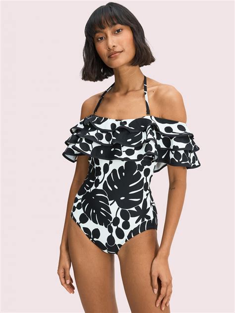 Monstera Grove Ruffle Off The Shoulder One Piece Black Womens Kate