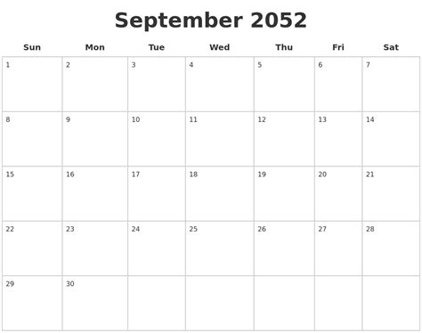 September 2052 Blank Calendar Pages