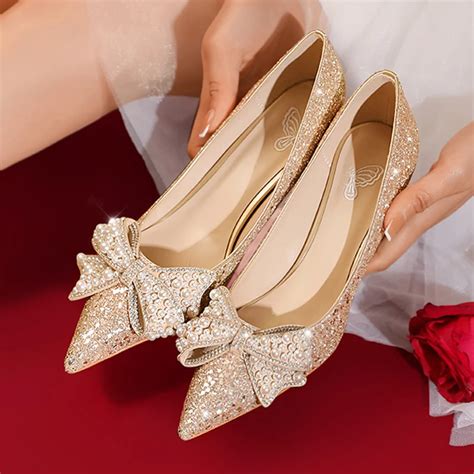 Sweet Bowknot Pumps Women New Gold Silver Bling Sequins Wedding Party