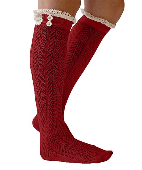 Boutique Socks Burgundy Button Lace Knee High Boot Socks Lace Knee High Boots Crochet Lace