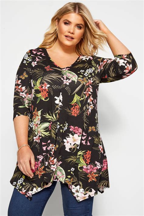 black tropical floral hanky hem top yours clothing