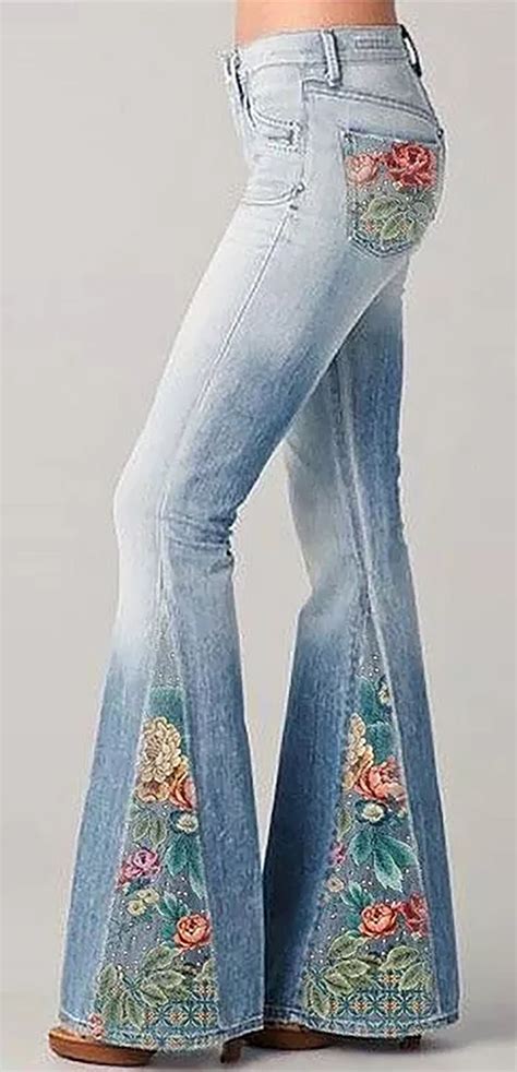 New Fashion Gradient Flower Printed Jeans Flared Pants In 2021 Pants Women Fashion Chic Jeans